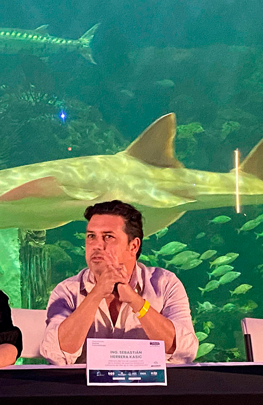 persona exponiendo con acuario de fondo